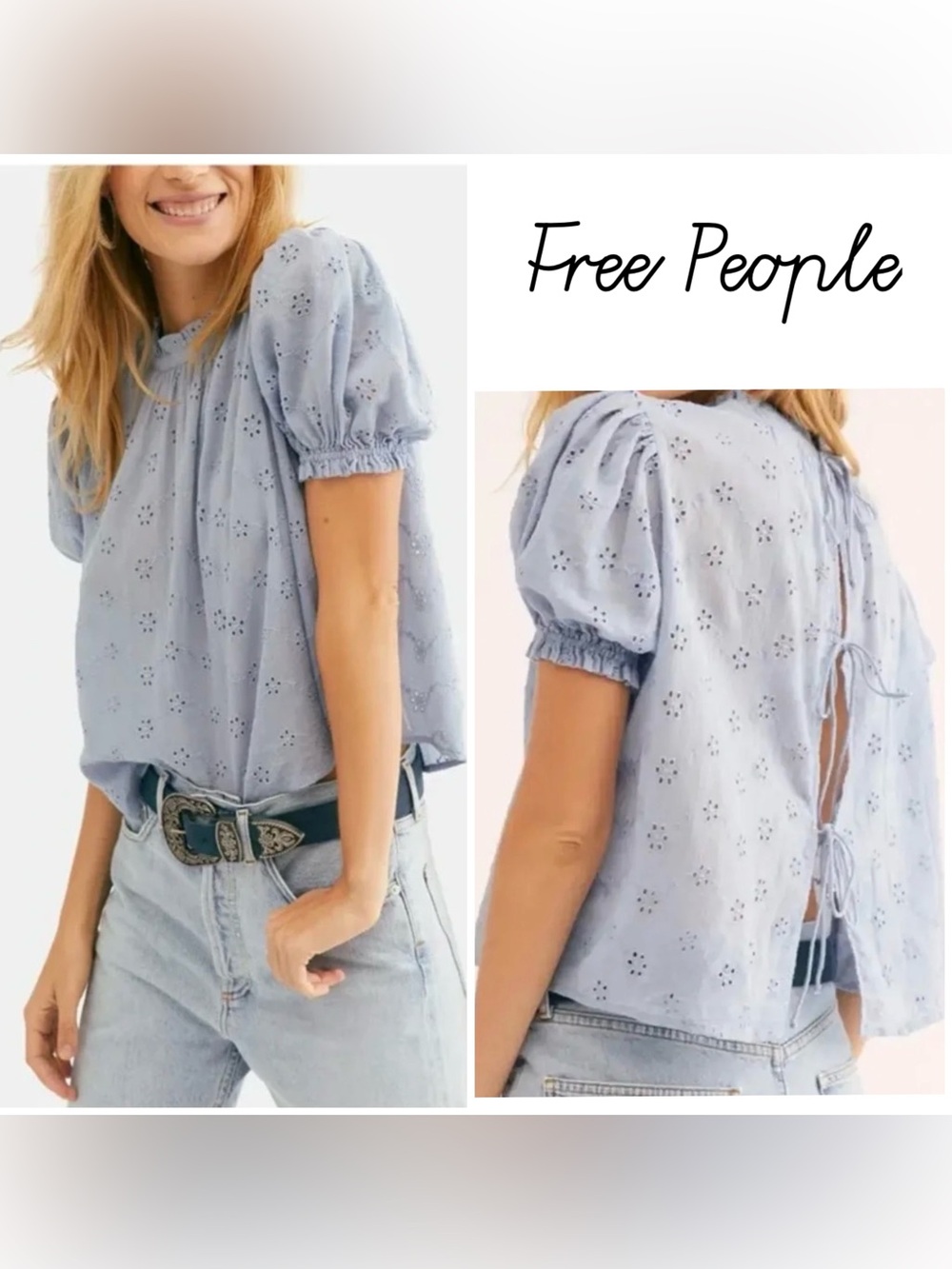 Free People Light Blue Eyelet Tie-Back Puff Sleeve Blouse